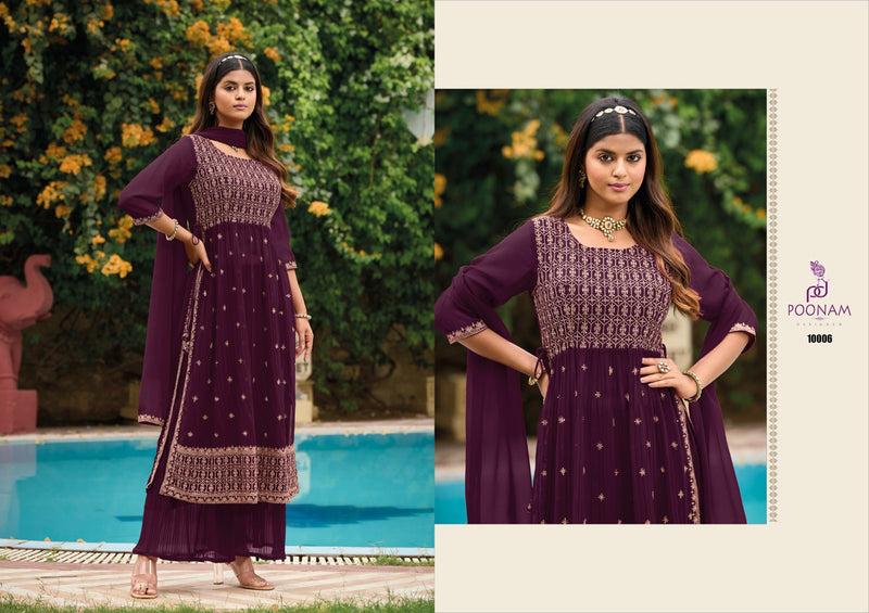 Poonam Designer Rose Gold Pure Georgette Zari Work Nayra Cut Fancy Designer Partywear Kurti