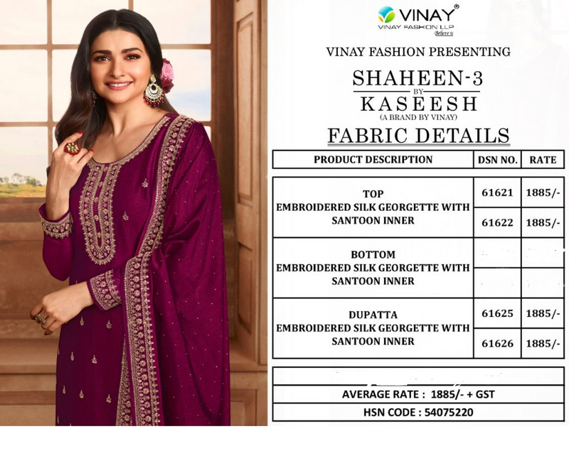 Vinay Fashion Kaseesh Shaheen Vol 3 Hit List Embroidered Silk Georgette Partywear Designer Salwar Suit