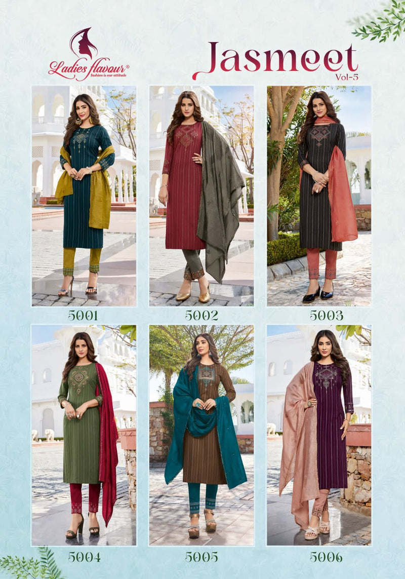 Ladies Flavour Jasmeet Vol 5 Rayon Weaving Strip With Embroidery Mirror Work Partywear Designer Kurti