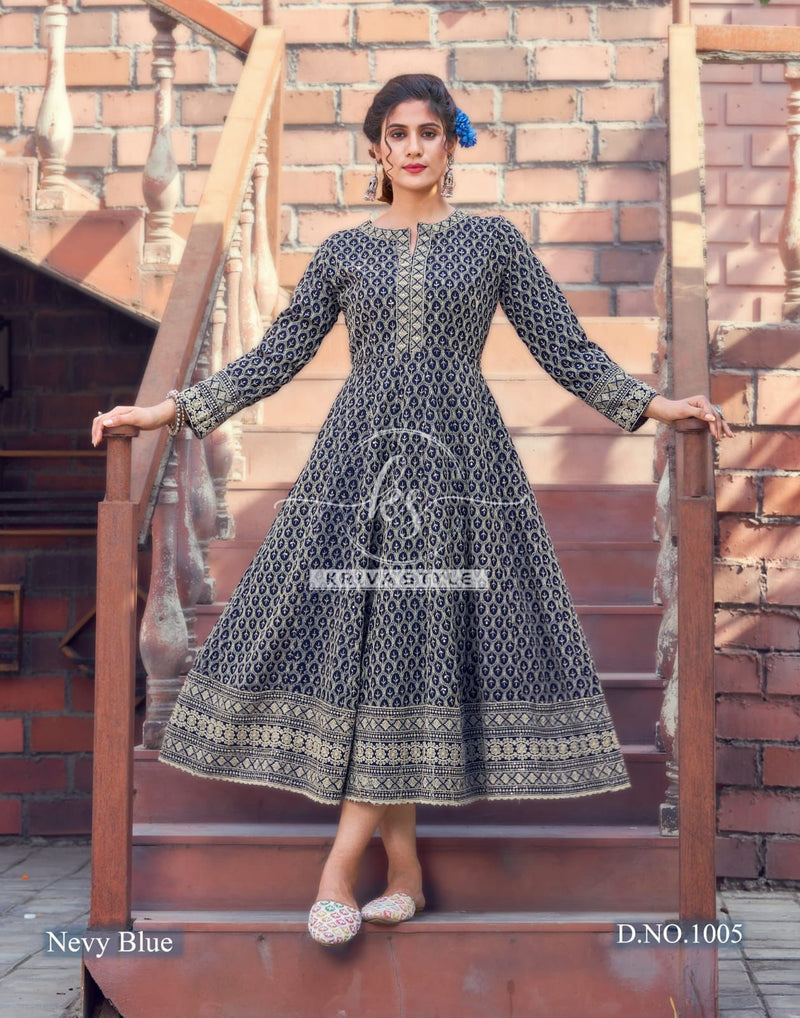 Kriva Style Aaina Rayon Designer Long Fancy Party Wear Gown Type Kurtis