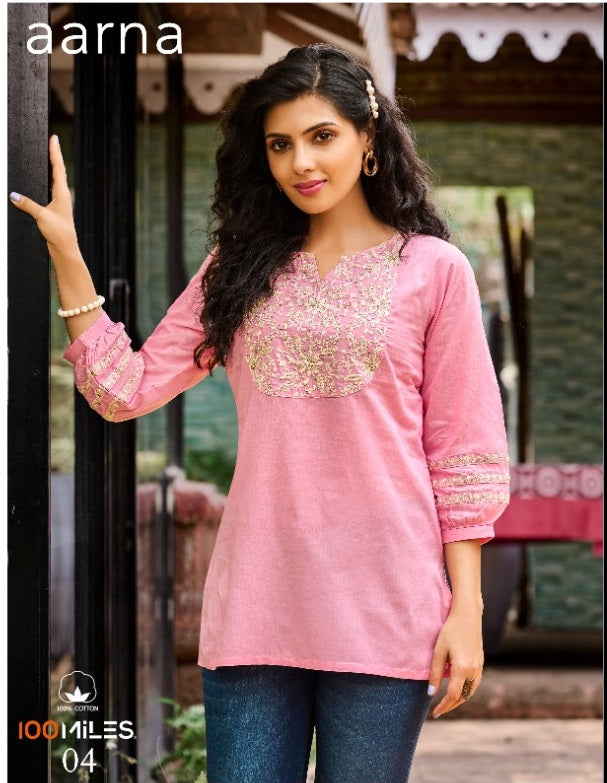 100 Miles Aarna Cotton Embroidered Top Style Fancy  Kurtis