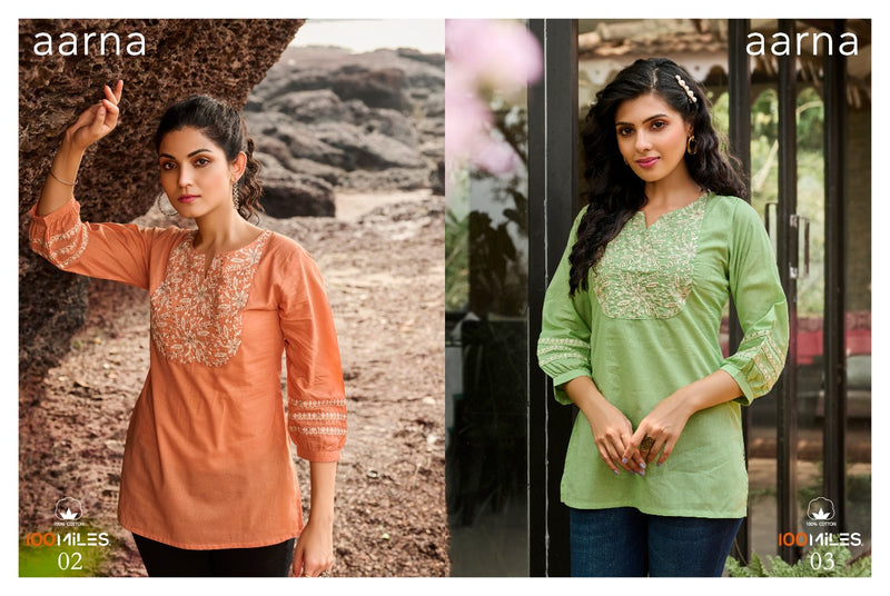 100 Miles Aarna Cotton Embroidered Top Style Fancy  Kurtis