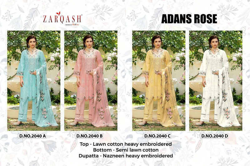 Zarqash Adan Rose Lawn Cotton Embroidered Pakistani Style Wedding Wear Salwar Suits