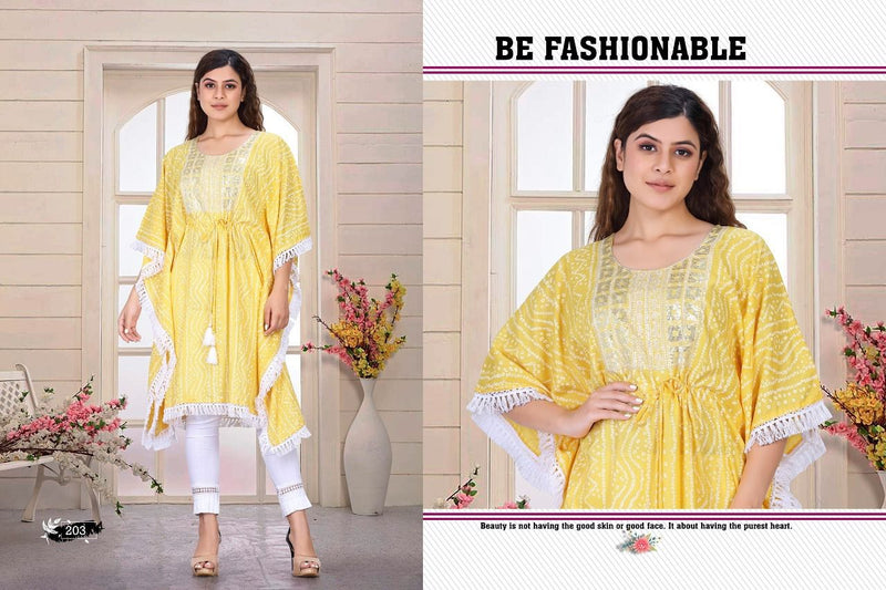 Beauty Queen Airy Vol 1 Rayon Fancy Stylish Kaftan With Bandhani Print