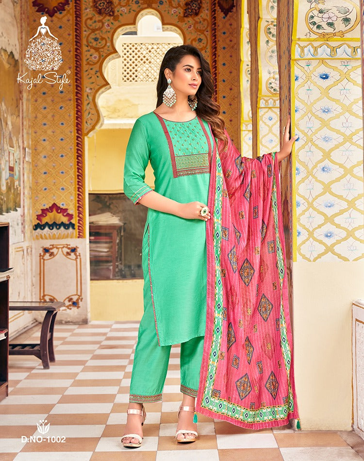 Kajal Style Ambarasiya Vol 1 Soft Silk Chanderi Fancy Embroidery Work Printed Designer Kurti