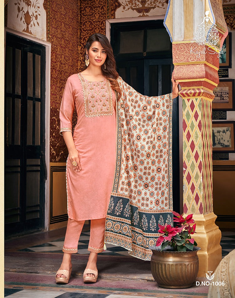 Kajal Style Ambarasiya Vol 1 Soft Silk Chanderi Fancy Embroidery Work Printed Designer Kurti