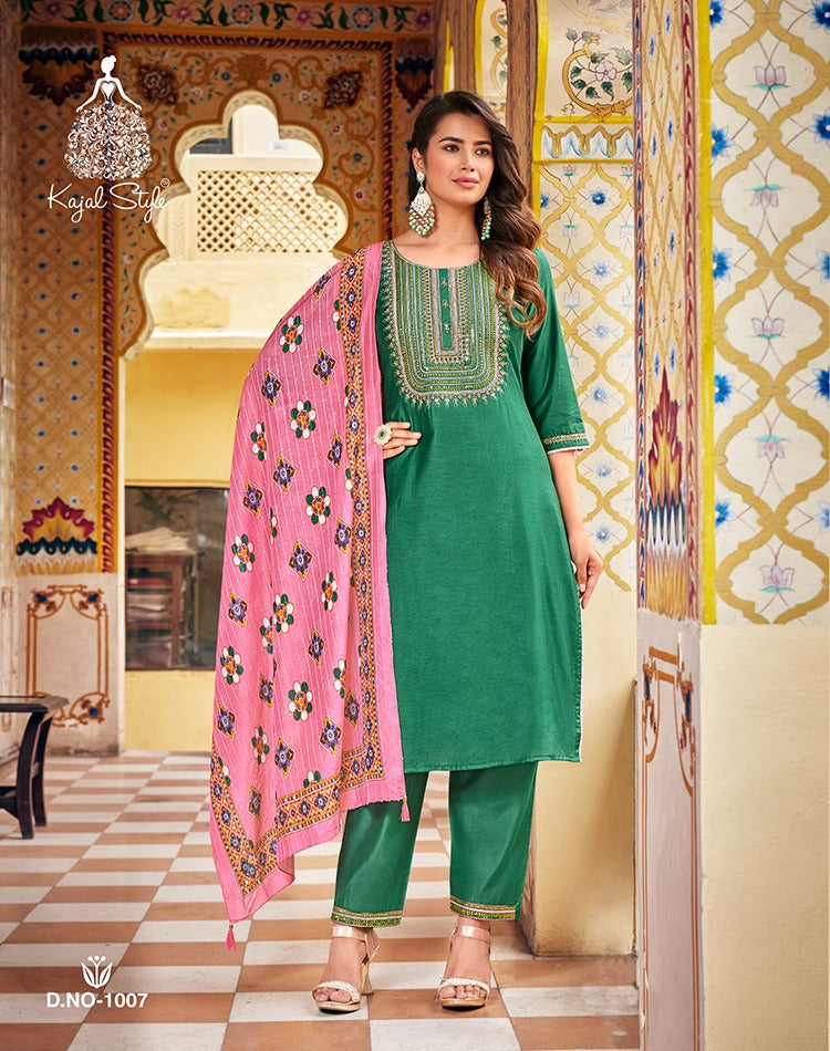 Kajal Style Ambarasiya Vol 1 Soft Silk Chanderi Fancy Embroidery Work Printed Designer Kurti