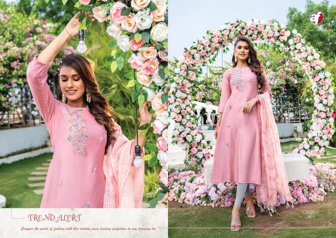 Anju Fabrics Celebrity Vol 8 Viscose Designer Party Wear Kurtis With Bottom & Dupatta