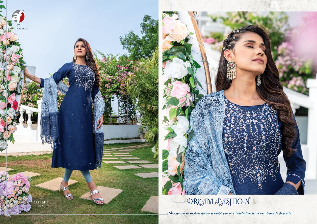 Anju Fabrics Celebrity Vol 8 Viscose Designer Party Wear Kurtis With Bottom & Dupatta