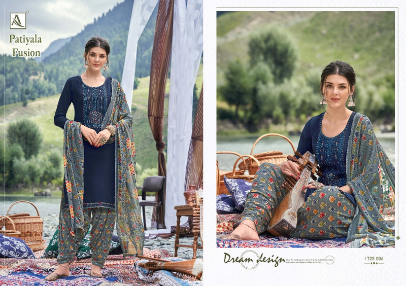 Alok Suit Patiyala Fusion Viscose Rayon Slub With Embroidery Work Salwar Kameez