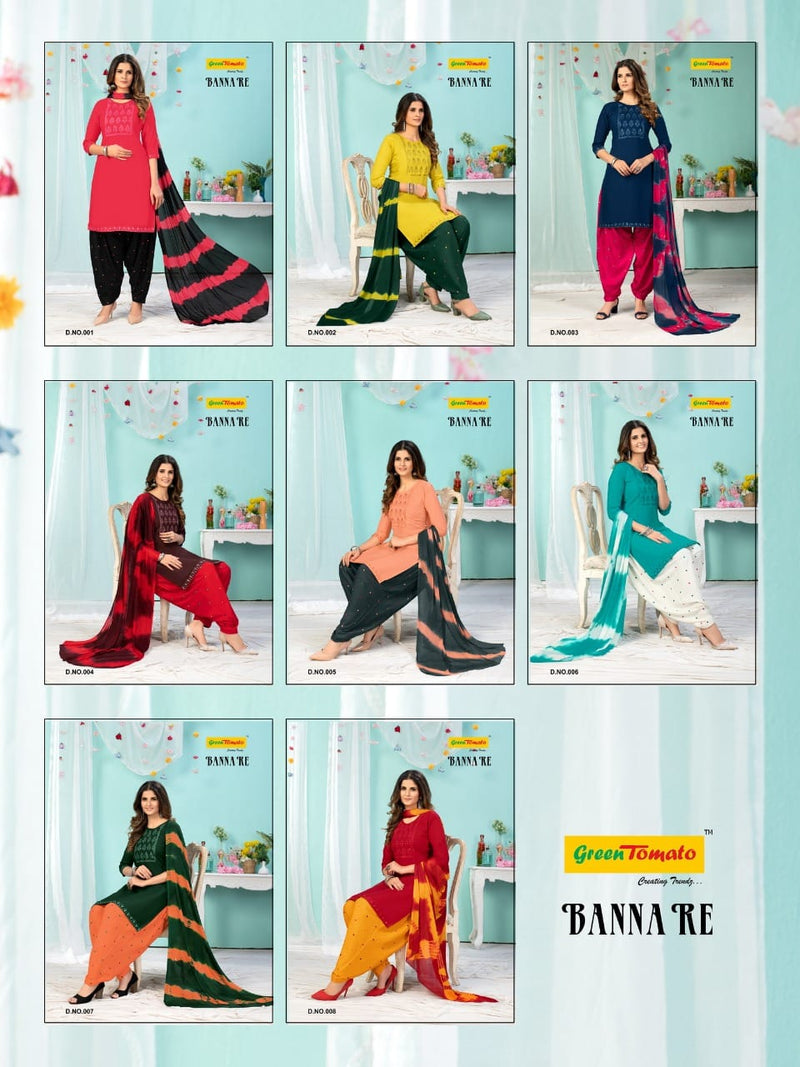 Green Tomato Banna Re Rayon Festive Wear Patiyala Style Embroidered Ready Made Salwar Suits