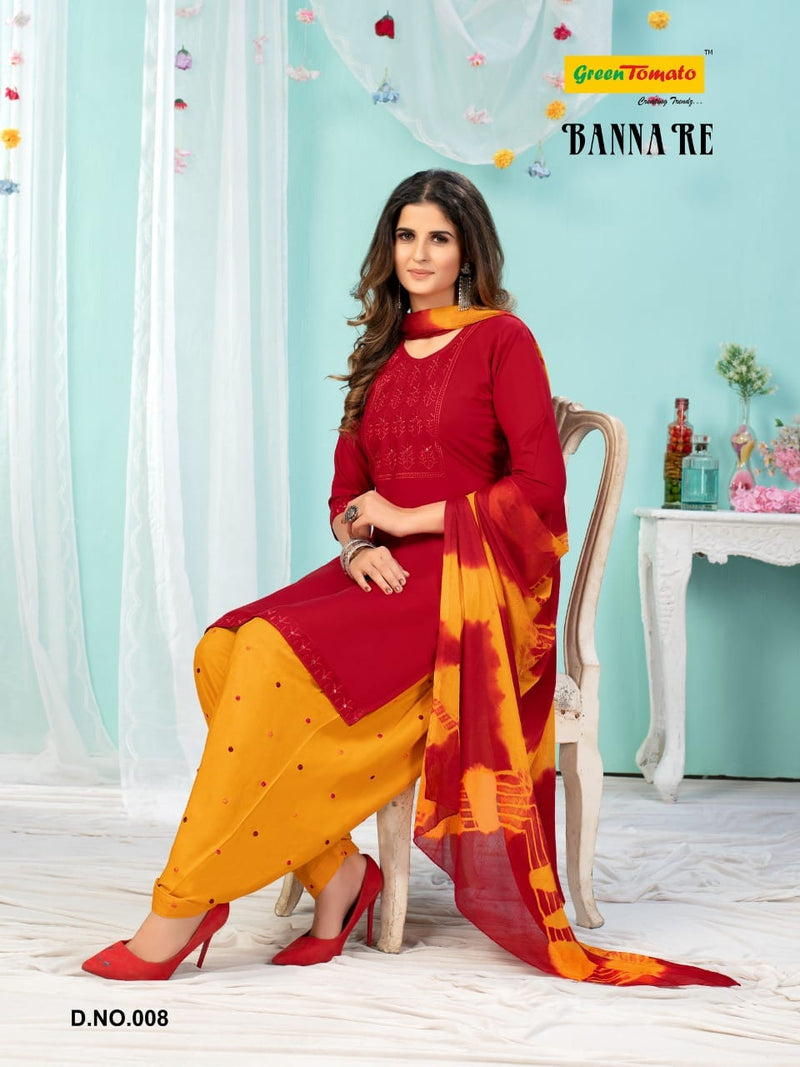 Green Tomato Banna Re Rayon Festive Wear Patiyala Style Embroidered Ready Made Salwar Suits