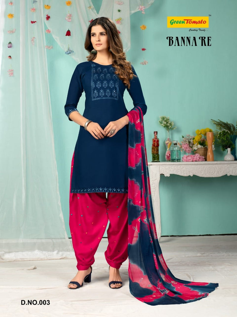 Green Tomato Banna Re Rayon Festive Wear Patiyala Style Embroidered Ready Made Salwar Suits