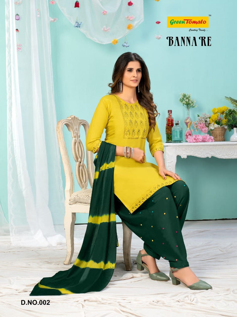 Green Tomato Banna Re Rayon Festive Wear Patiyala Style Embroidered Ready Made Salwar Suits