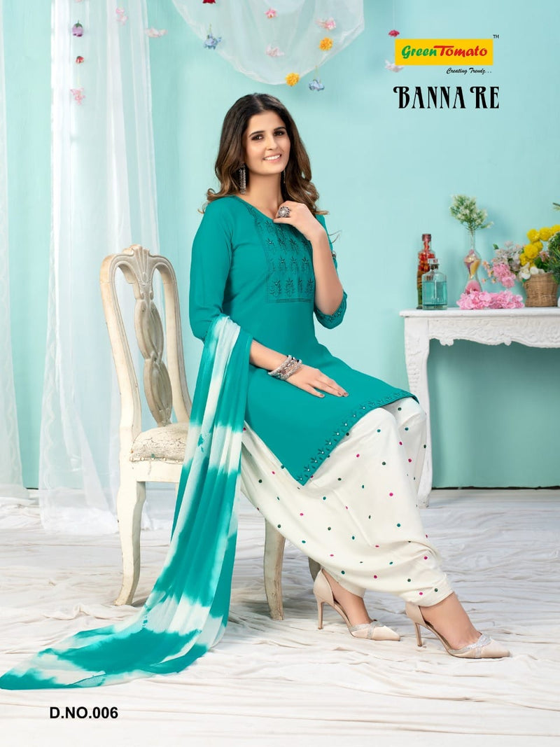 Green Tomato Banna Re Rayon Festive Wear Patiyala Style Embroidered Ready Made Salwar Suits