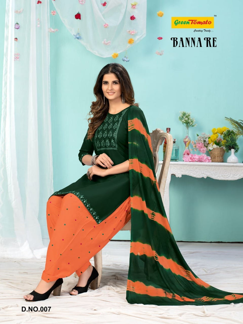 Green Tomato Banna Re Rayon Festive Wear Patiyala Style Embroidered Ready Made Salwar Suits