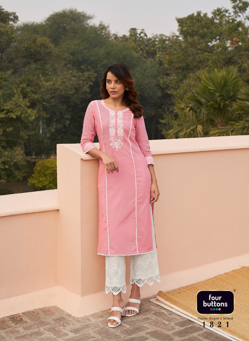 Four Buttons Banyan Tree 2 Cotton Embroidered Party Wear Kurtis With Bottom