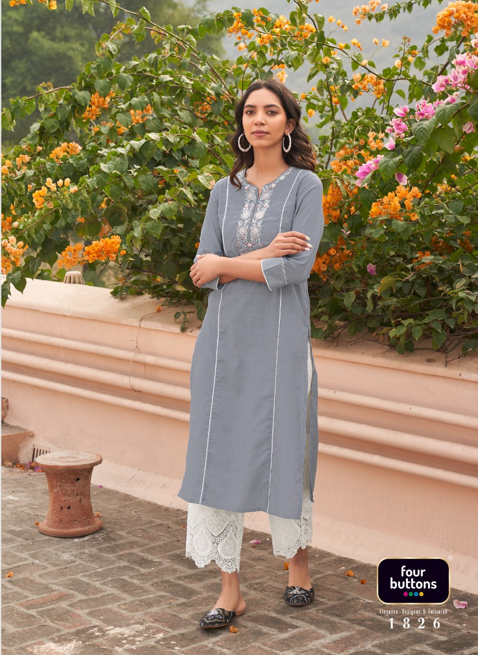 Four Buttons Banyan Tree 2 Cotton Embroidered Party Wear Kurtis With Bottom