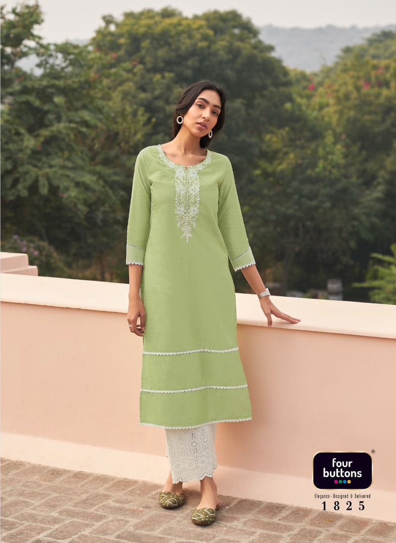 Four Buttons Banyan Tree 2 Cotton Embroidered Party Wear Kurtis With Bottom