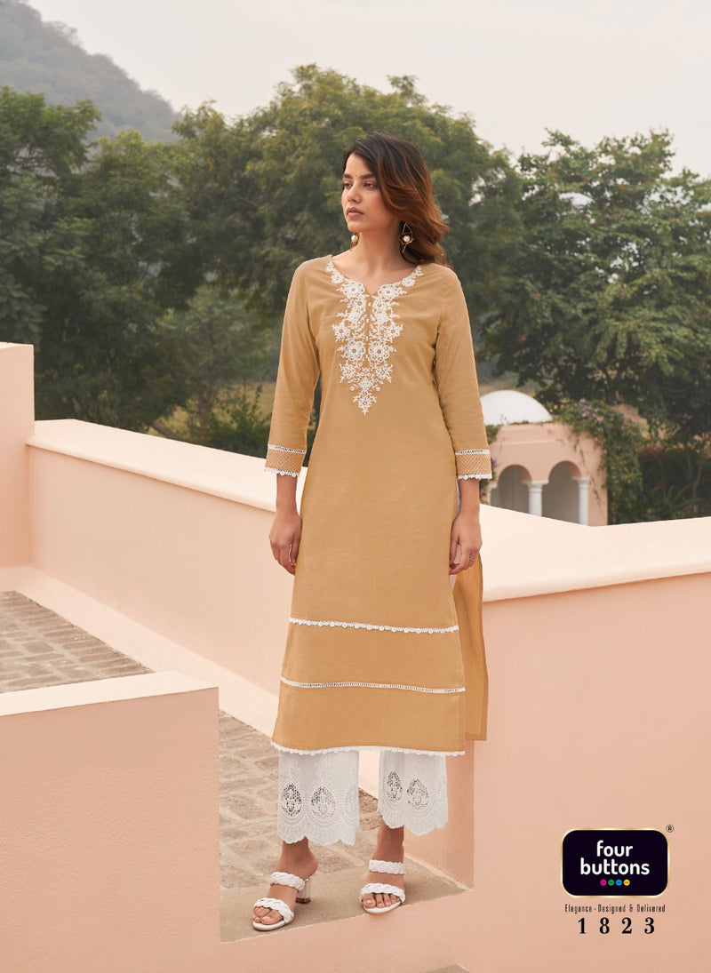 Four Buttons Banyan Tree 2 Cotton Embroidered Party Wear Kurtis With Bottom