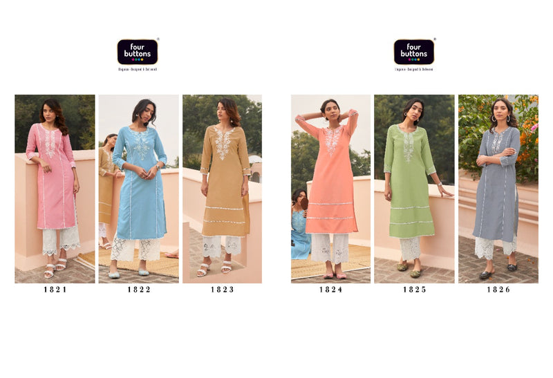 Four Buttons Banyan Tree 2 Cotton Embroidered Party Wear Kurtis With Bottom