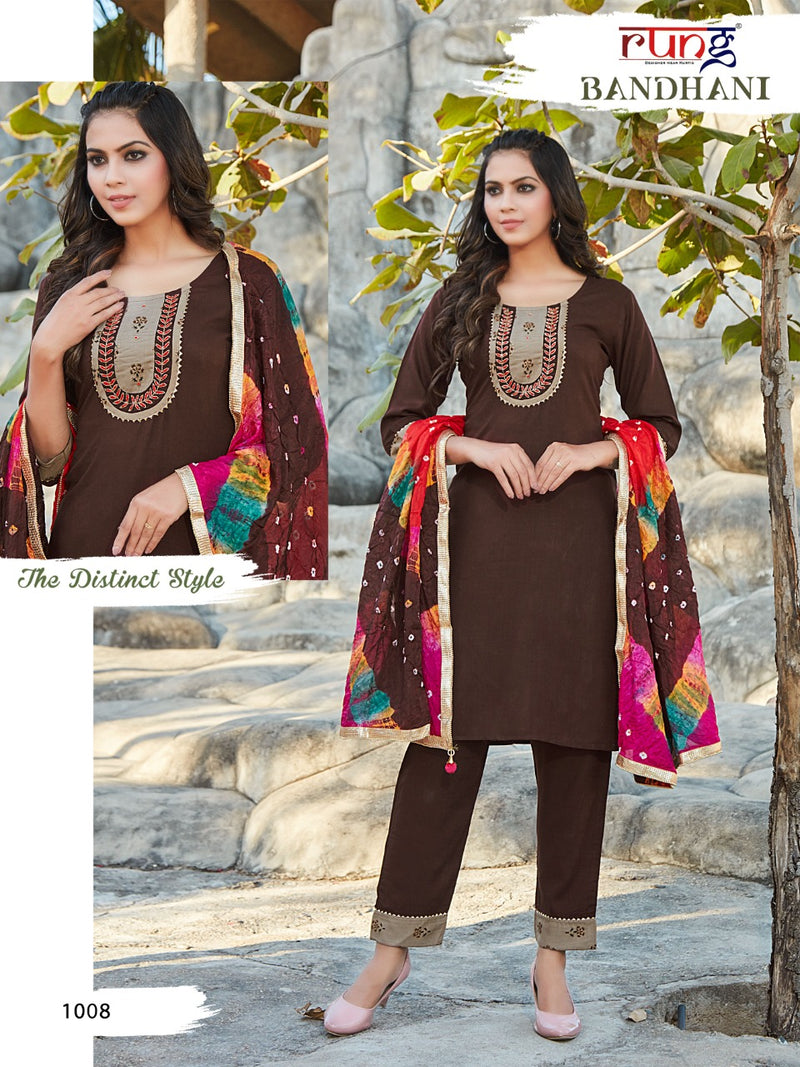 Rung Bandhani Rayon Slub Fancy Festive Wear Kurtis With Bottom & Dupatta