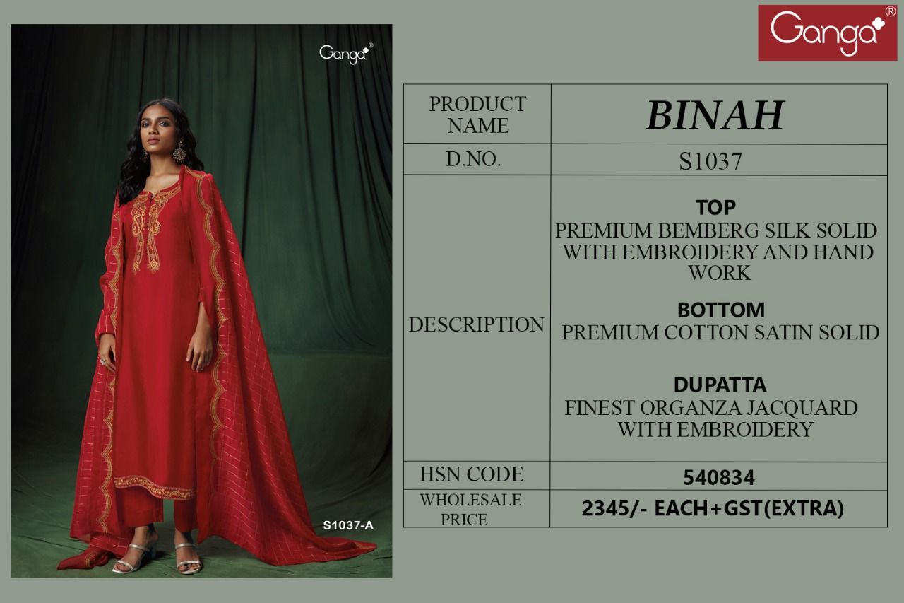 Ganga Binah 1037 Silk With Heavy Beautiful Work Stylish Designer Festive Wear Salwar Kameez