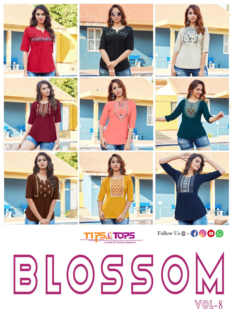 Tips & Tops Blossom Vol 8 Rayon Short Fancy Stylish Western Wear Kurtis With Beautiful Embroidery