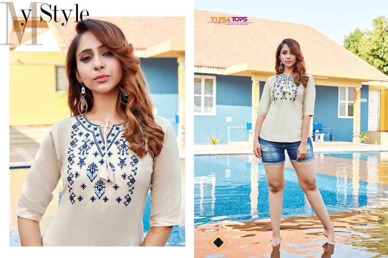 Tips & Tops Blossom Vol 8 Rayon Short Fancy Stylish Western Wear Kurtis With Beautiful Embroidery