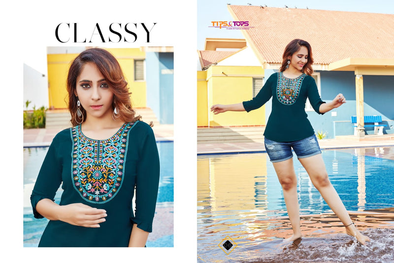 Tips & Tops Blossom Vol 8 Rayon Short Fancy Stylish Western Wear Kurtis With Beautiful Embroidery