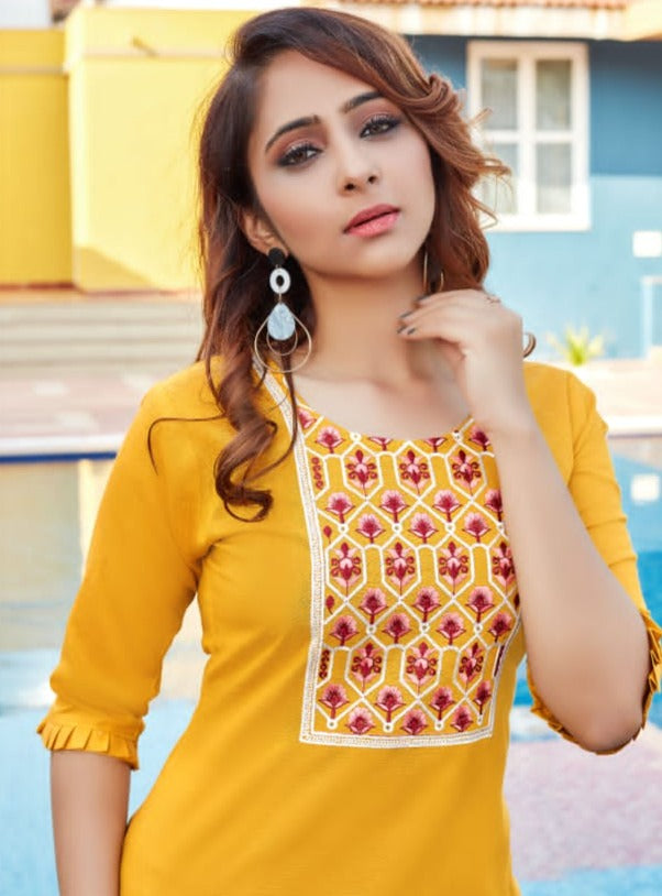 Tips & Tops Blossom Vol 8 Rayon Short Fancy Stylish Western Wear Kurtis With Beautiful Embroidery