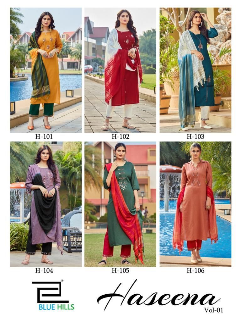 Blue Hills Haseena Vol 1 Viscose Dobby Beautiful Collection Of Party Wear Kurtis With Set Of Dupatta & Bottom