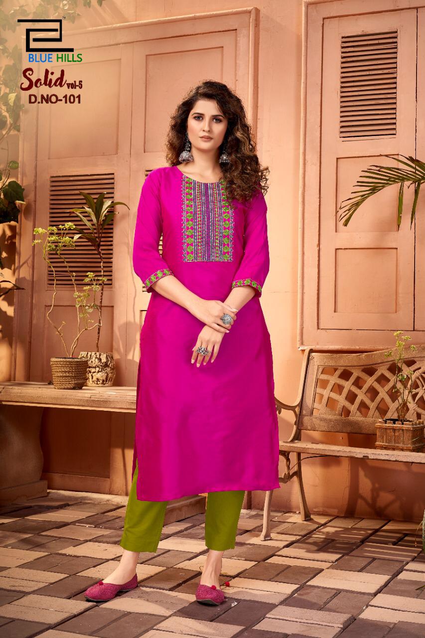 Blue Hills Launch By Solid Vol 5 Cotton With Embroidery Work Fancy Long Casual Wear Kurtis