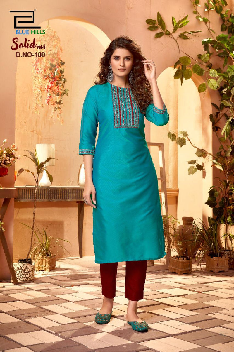 Blue Hills Launch By Solid Vol 5 Cotton With Embroidery Work Fancy Long Casual Wear Kurtis