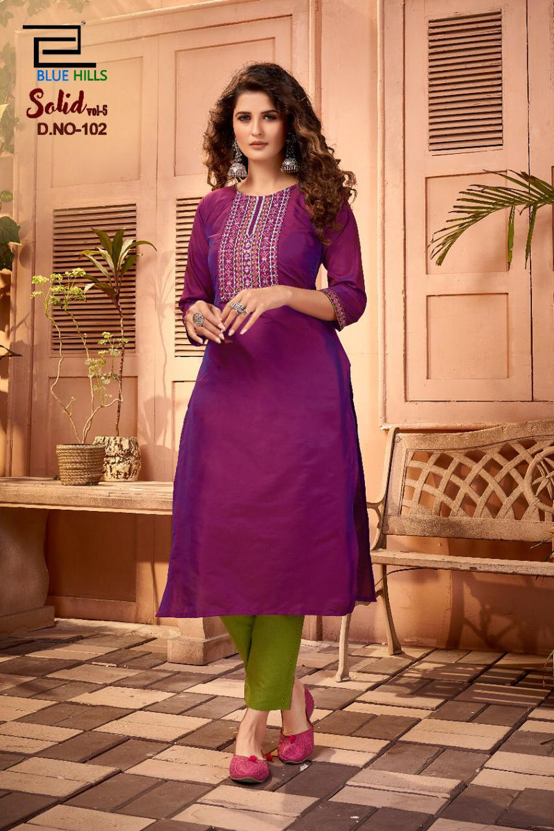 Blue Hills Launch By Solid Vol 5 Cotton With Embroidery Work Fancy Long Casual Wear Kurtis