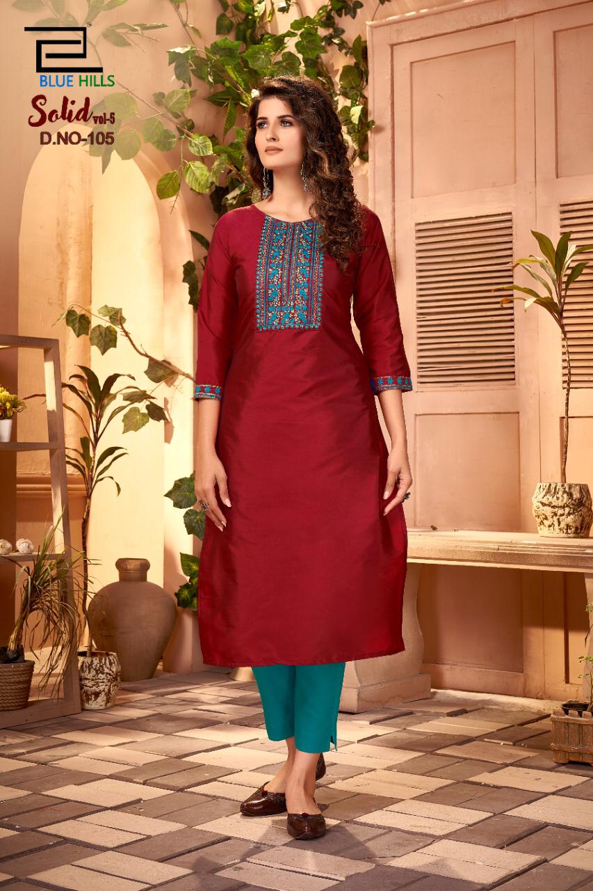 Blue Hills Launch By Solid Vol 5 Cotton With Embroidery Work Fancy Long Casual Wear Kurtis