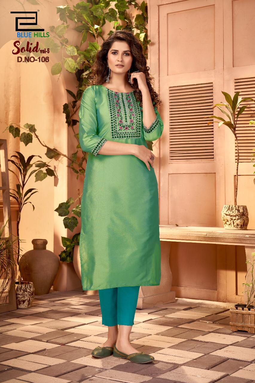 Blue Hills Launch By Solid Vol 5 Cotton With Embroidery Work Fancy Long Casual Wear Kurtis