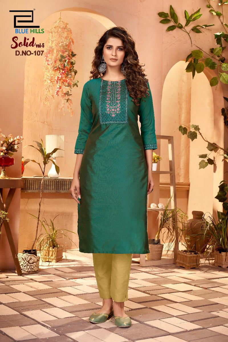 Blue Hills Launch By Solid Vol 5 Cotton With Embroidery Work Fancy Long Casual Wear Kurtis