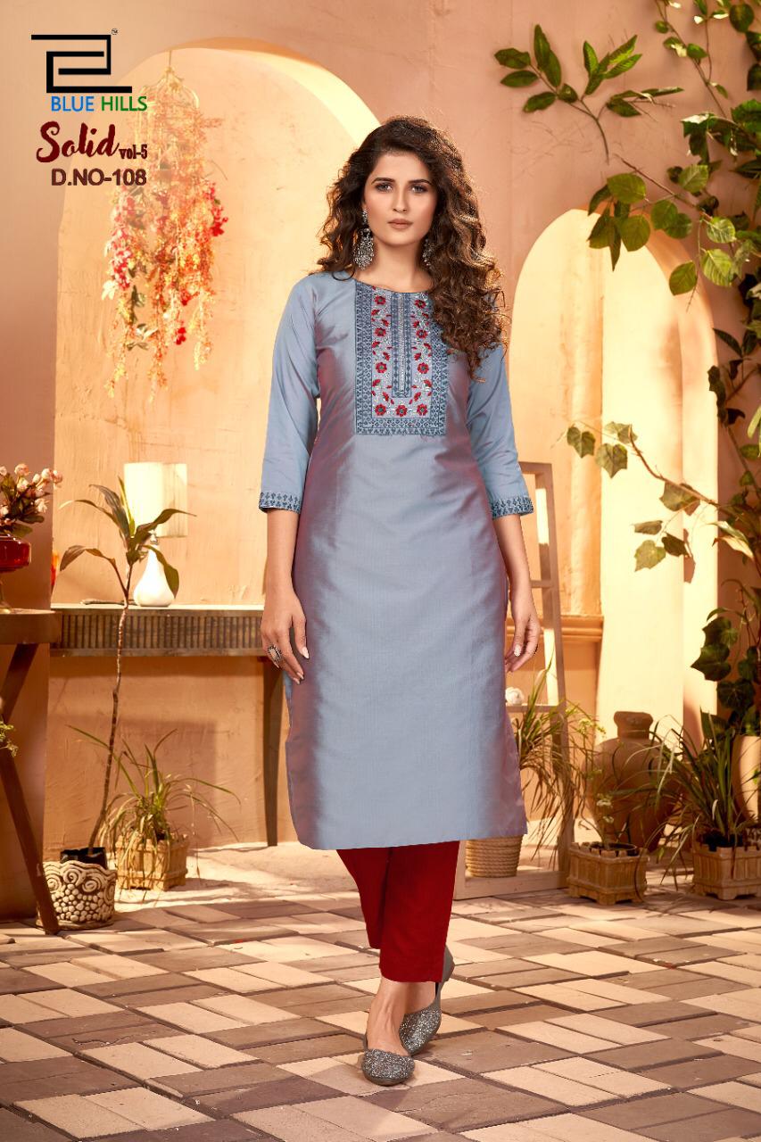 Blue Hills Launch By Solid Vol 5 Cotton With Embroidery Work Fancy Long Casual Wear Kurtis