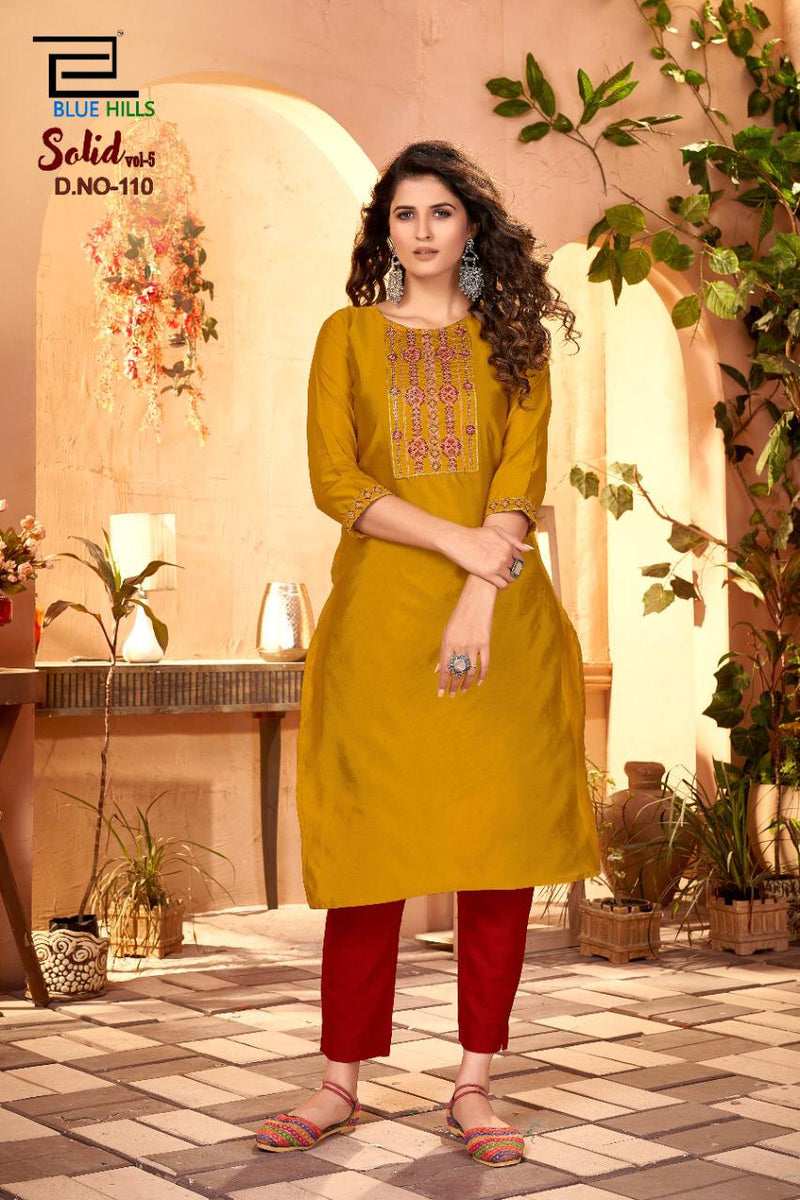 Blue Hills Launch By Solid Vol 5 Cotton With Embroidery Work Fancy Long Casual Wear Kurtis