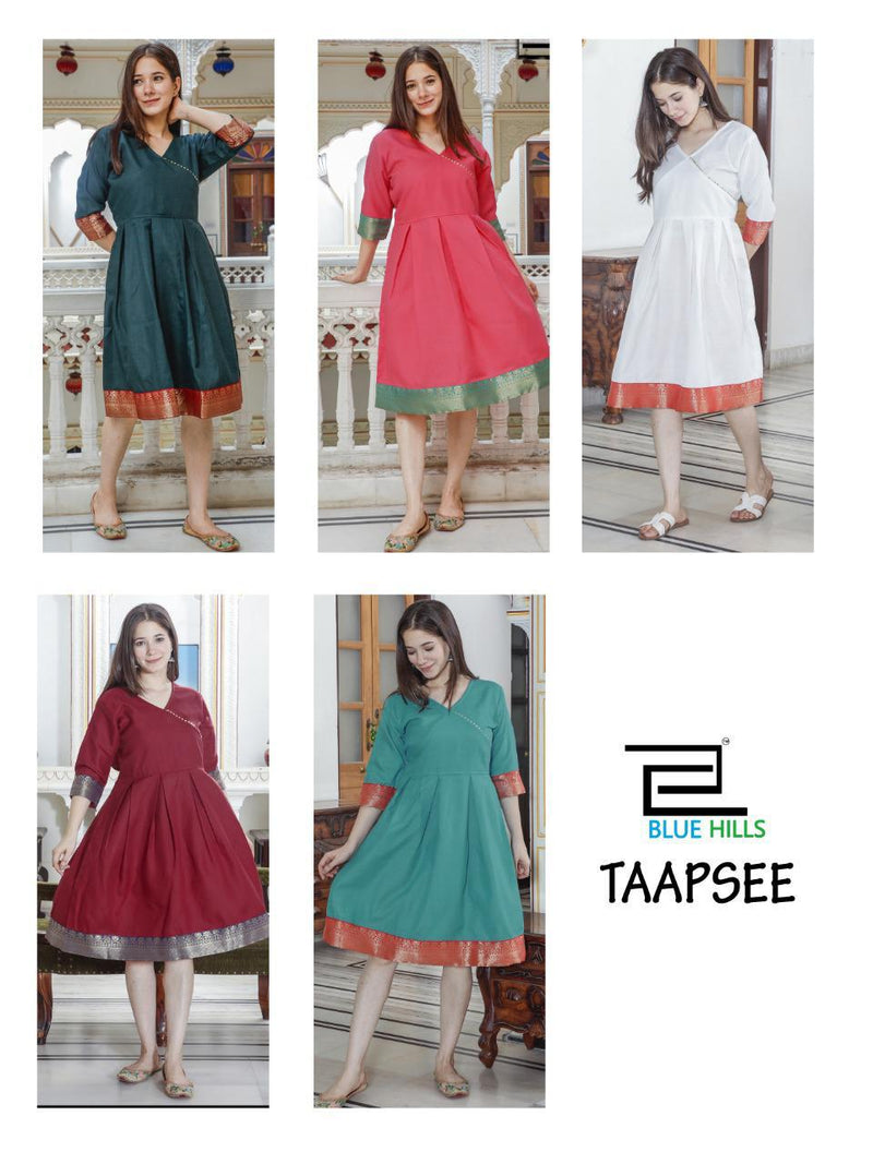 Blue Hills Presents By Taapsee Cotton Flex Attractive Look With Banarasi Border Short Frok Type Kurtis