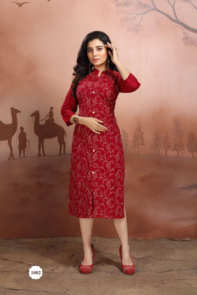 Fly Free Canvas Rayon Stylish Party Wear Embroidered Kurtis