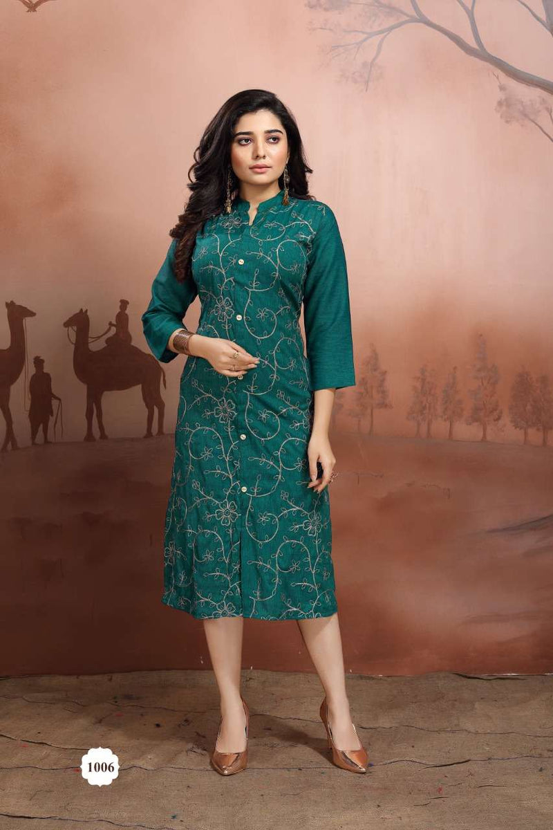 Fly Free Canvas Rayon Stylish Party Wear Embroidered Kurtis