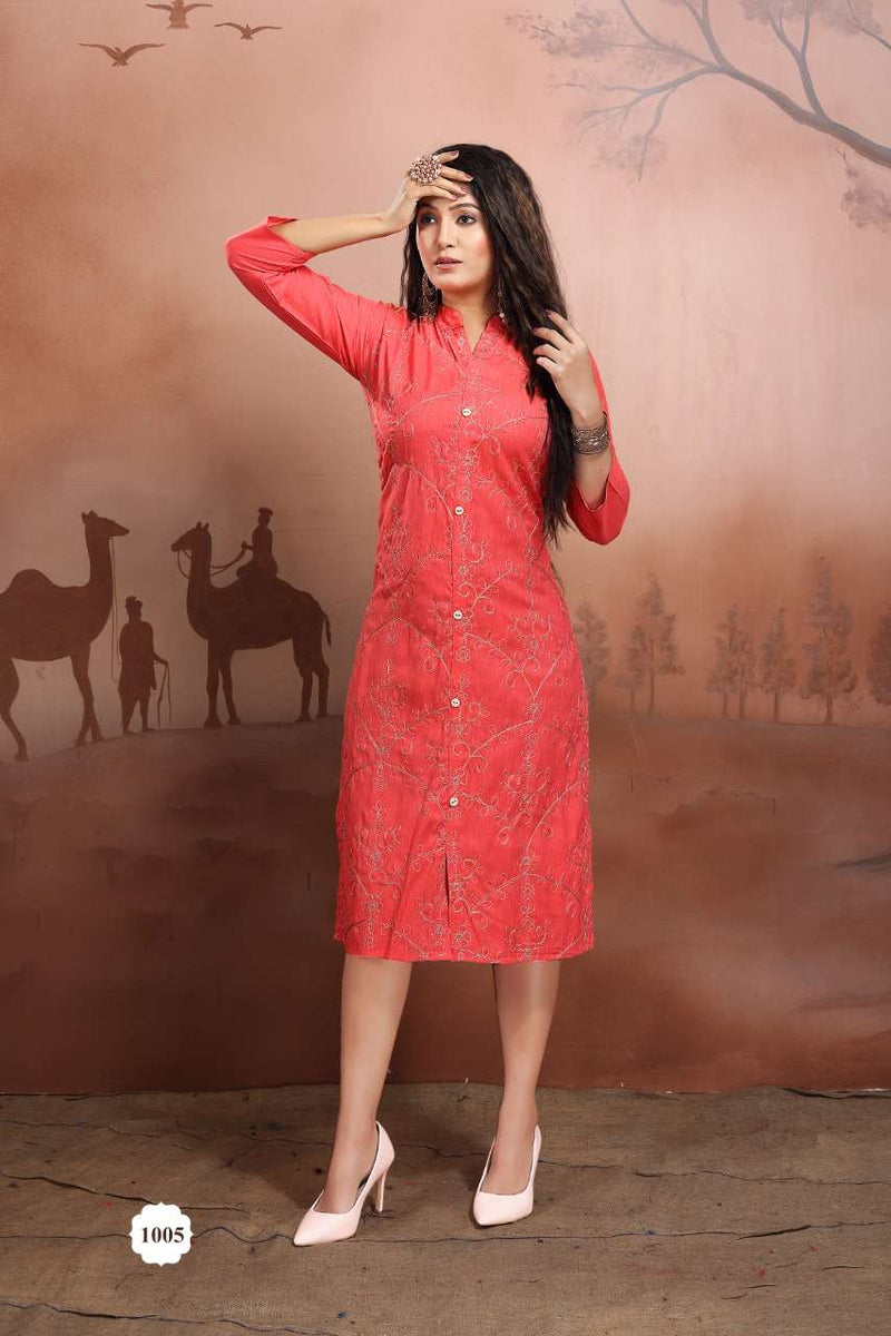 Fly Free Canvas Rayon Stylish Party Wear Embroidered Kurtis