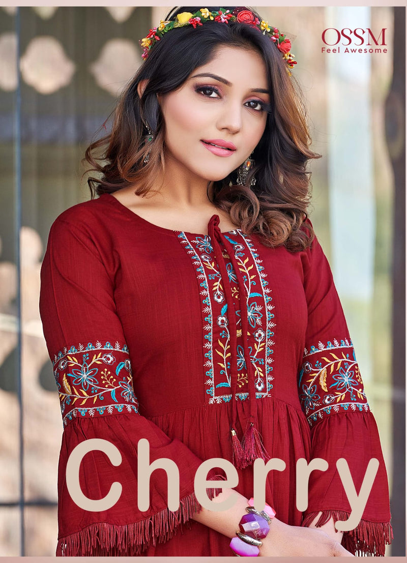 Ossm Cherry Rayon With Beautiful Work Stylish Designer Attractive Look Fancy Short Kurti