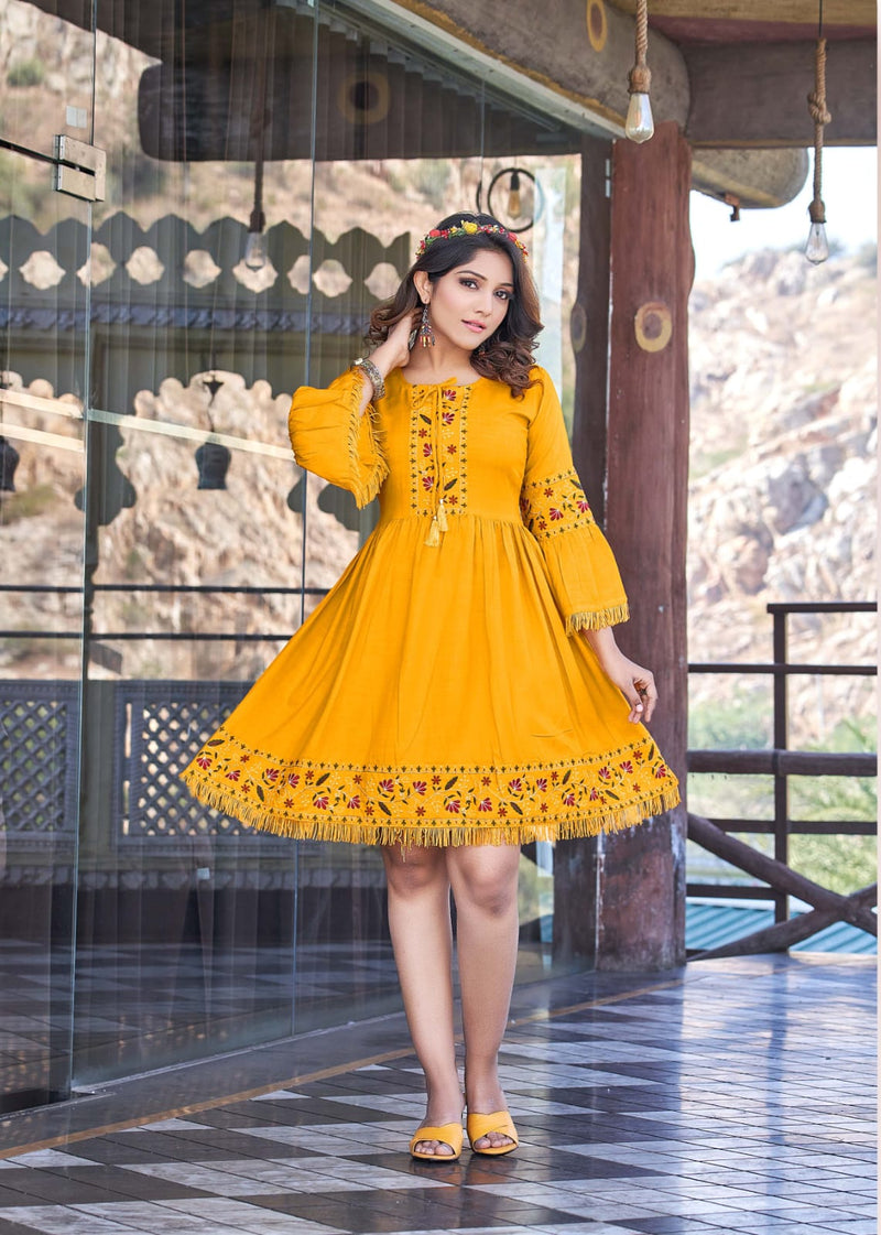 Ossm Cherry Rayon With Beautiful Work Stylish Designer Attractive Look Fancy Short Kurti