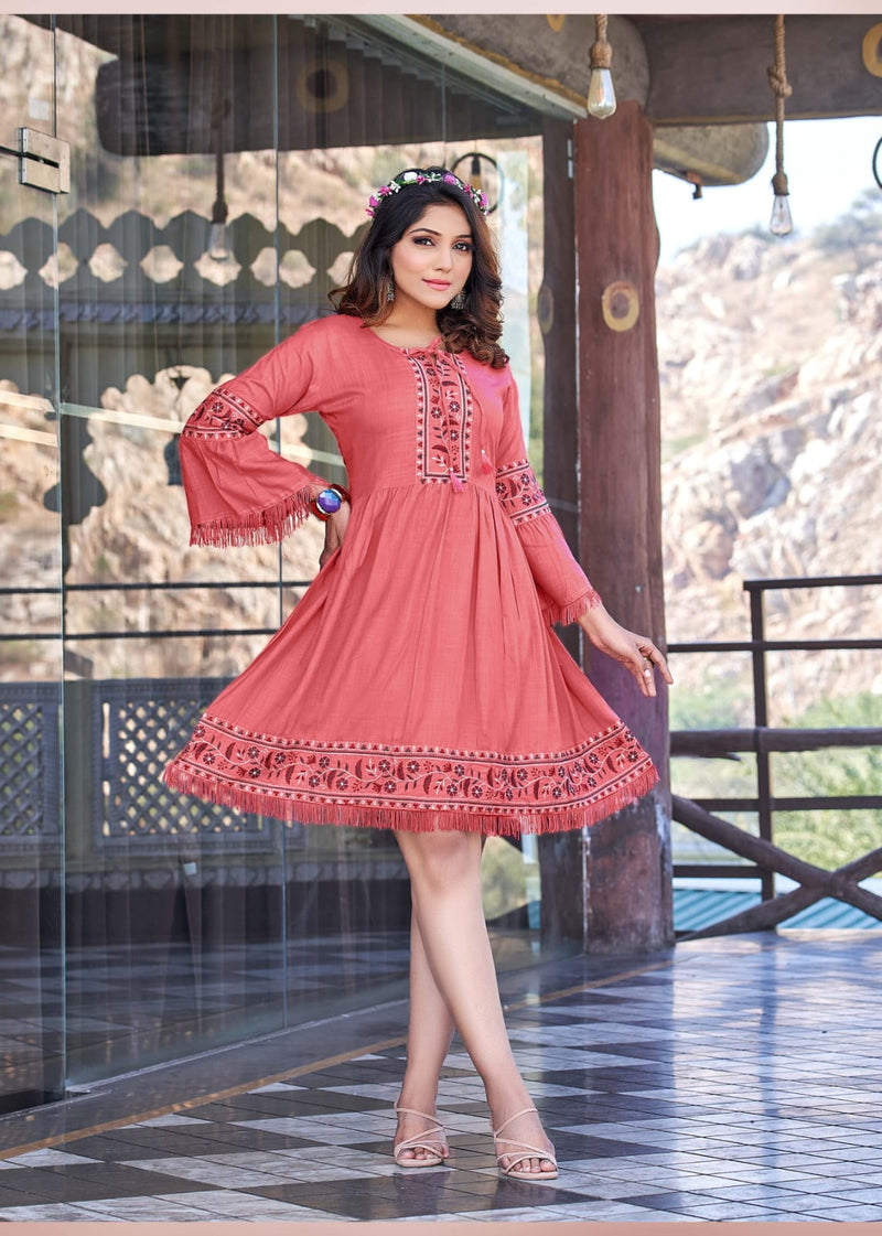 Ossm Cherry Rayon With Beautiful Work Stylish Designer Attractive Look Fancy Short Kurti