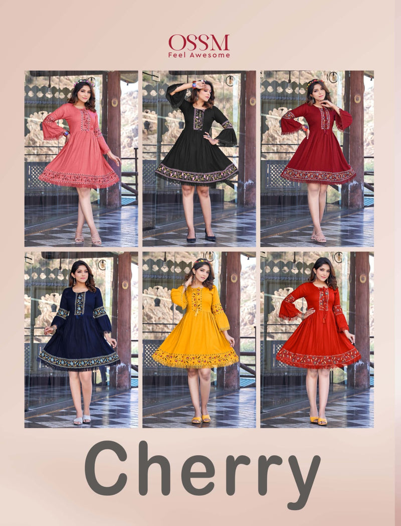 Ossm Cherry Rayon With Beautiful Work Stylish Designer Attractive Look Fancy Short Kurti