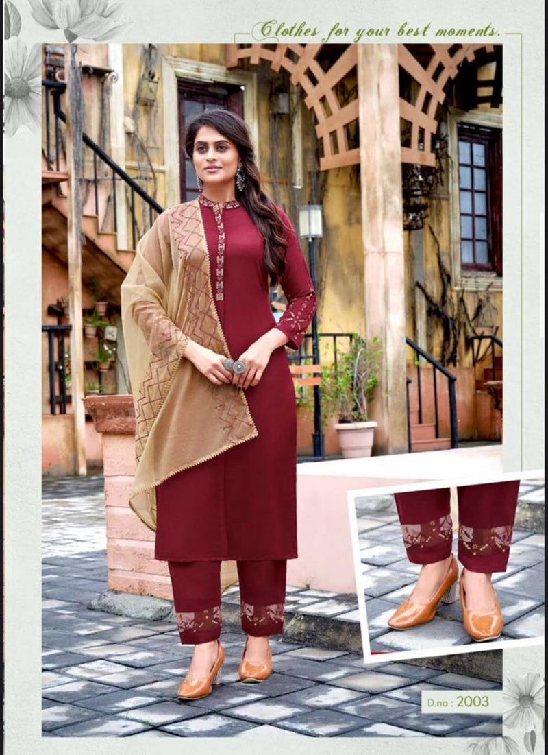 Amaaya Garments Classic Chinnon Festive Wear Embroidered Kurtis With Set Of Bottom & Dupatta