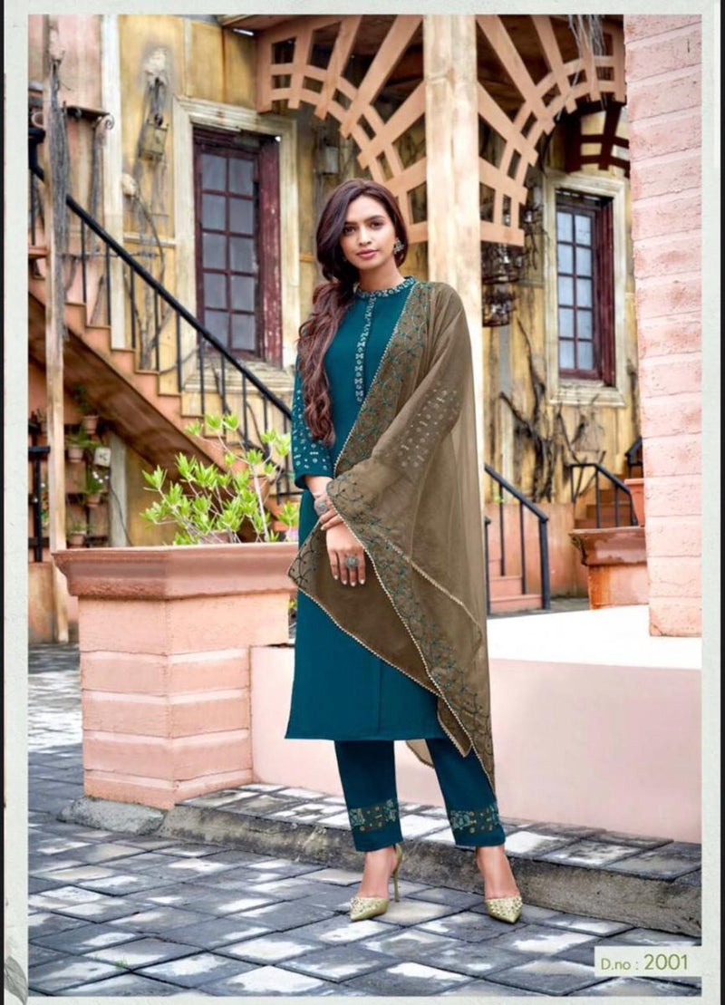 Amaaya Garments Classic Chinnon Festive Wear Embroidered Kurtis With Set Of Bottom & Dupatta